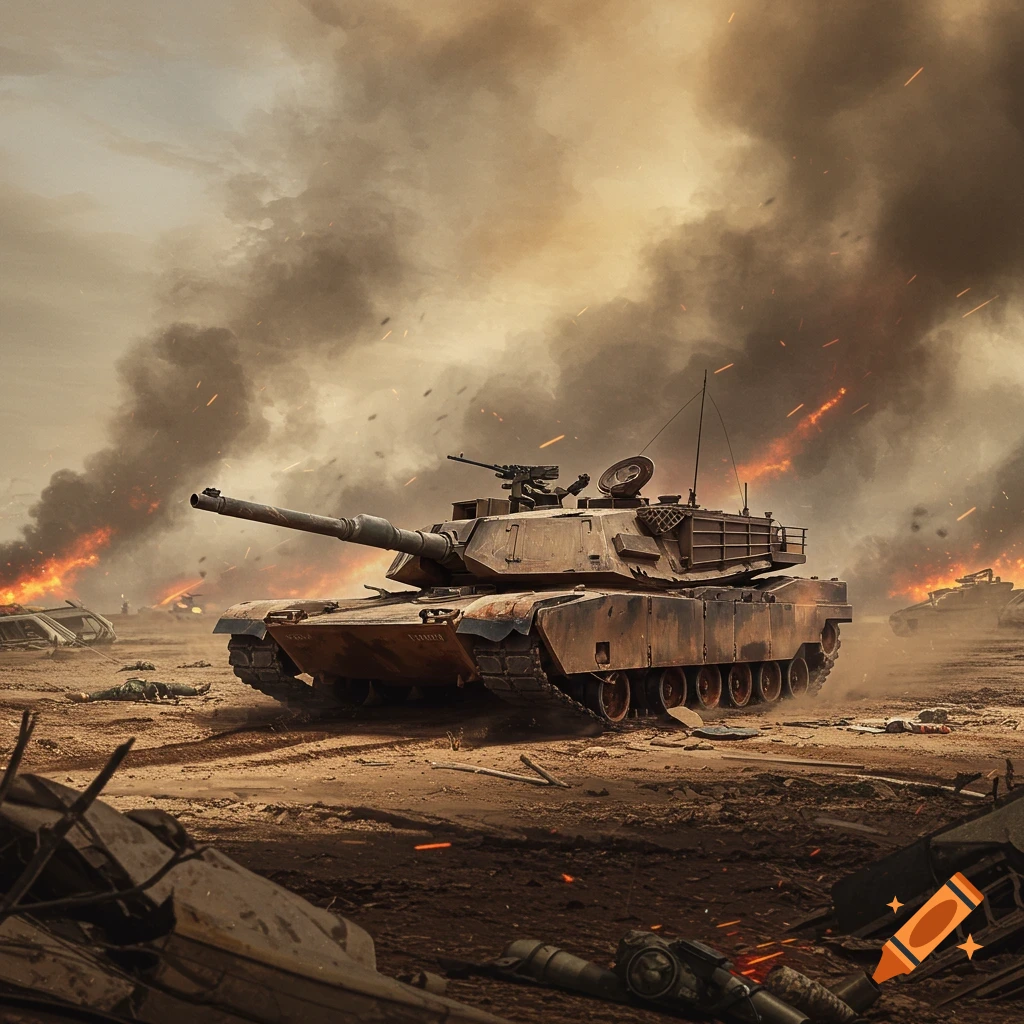 A destroyed M1A2 Abrams tank on a smoky, fiery battlefield.