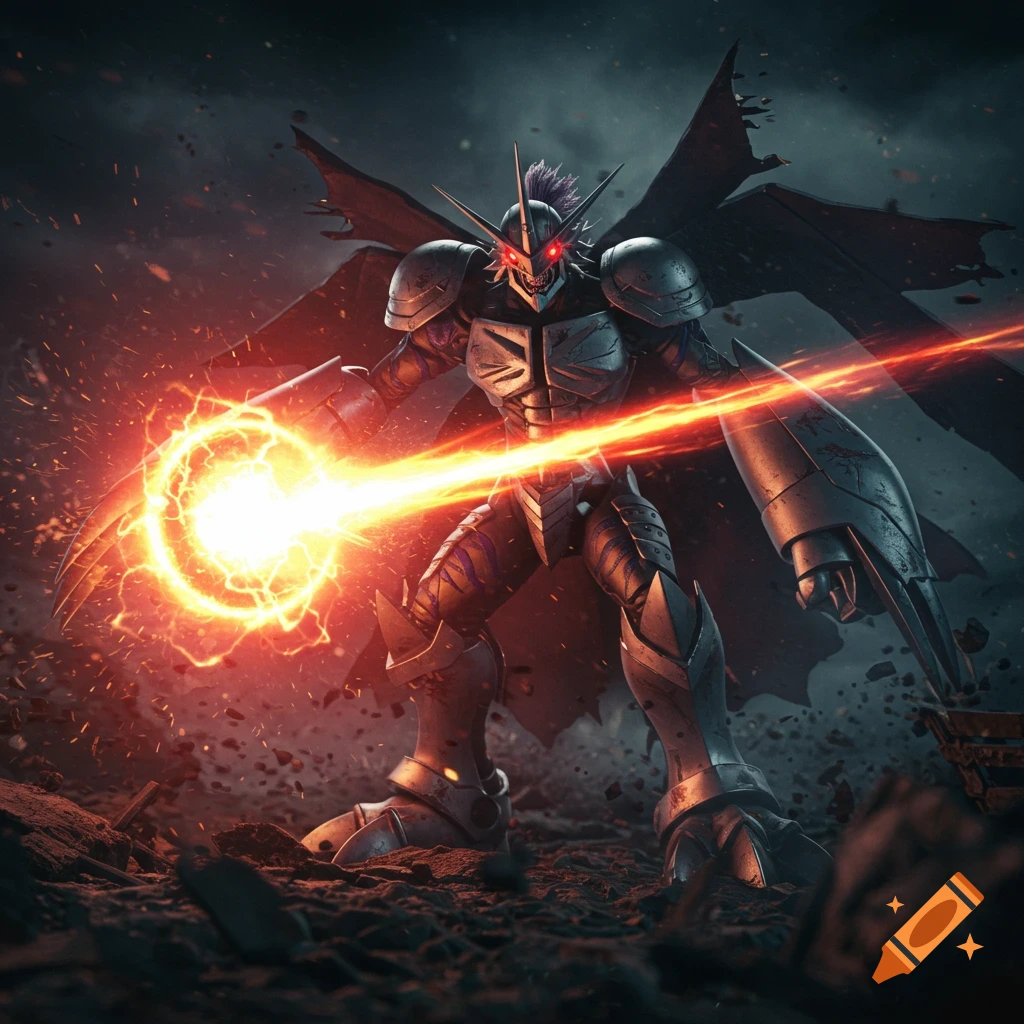 Gallantmon from Digimon unleashes a powerful energy attack in a desolate, battle-torn landscape.