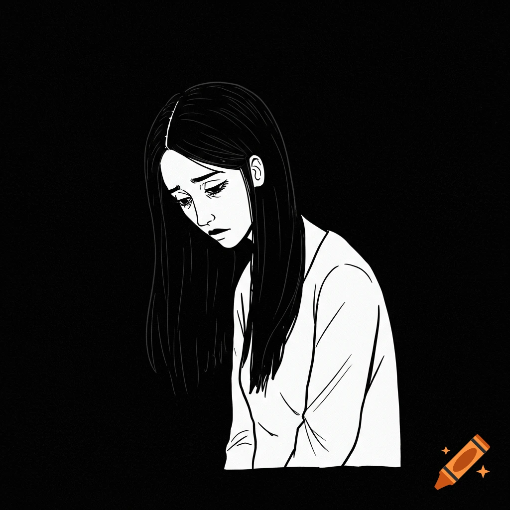 Black and white sketch of a young woman with long dark hair looking down sadly.