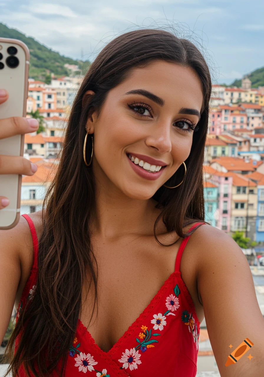 A beautiful woman in a red dress taking a selfie with a city of colorful buildings in the background.