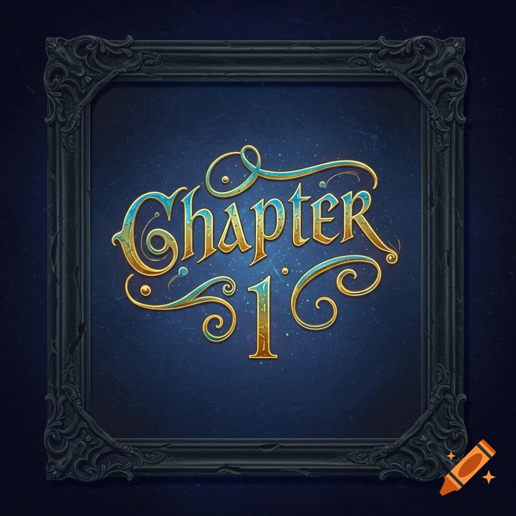 Ornate gold and blue text 'Chapter 1' in a decorative black frame on a dark blue, starry background.