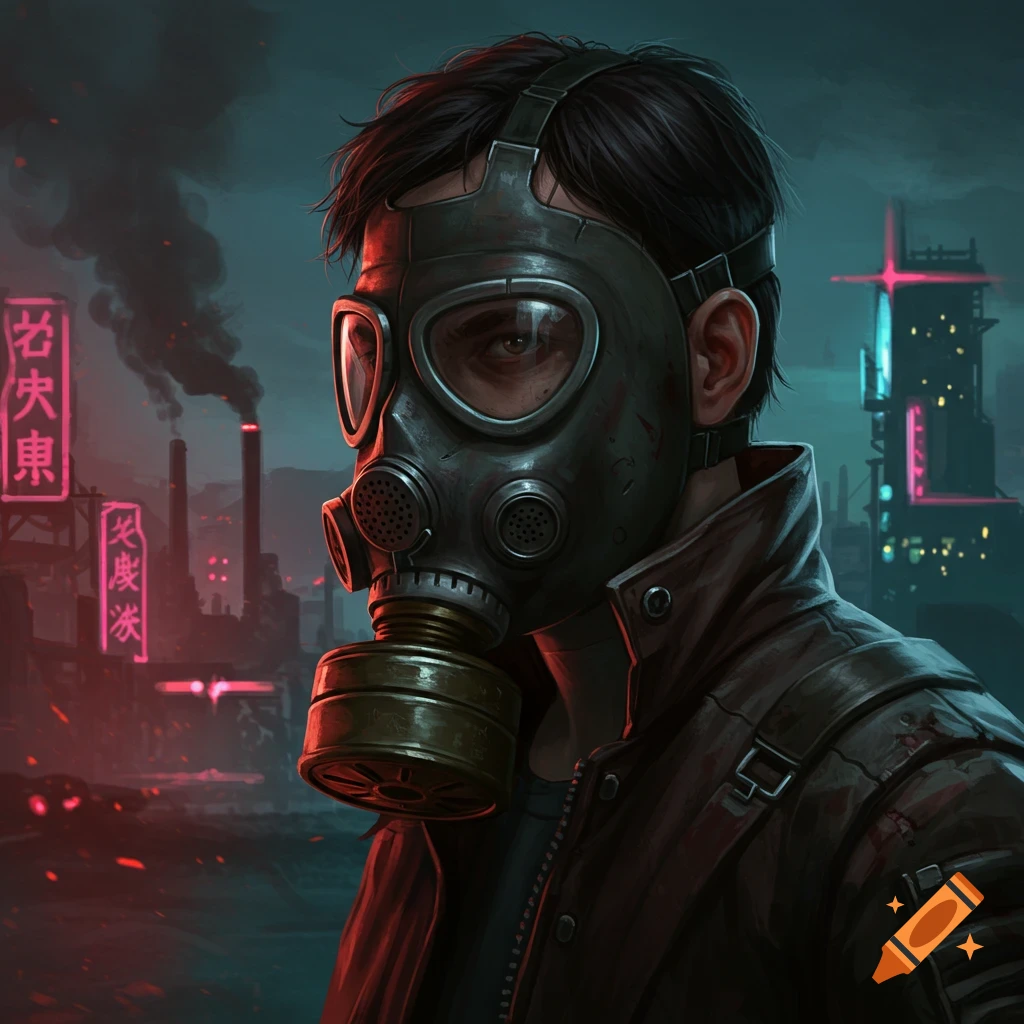 A person in a gas mask stands in a dystopian industrial city.