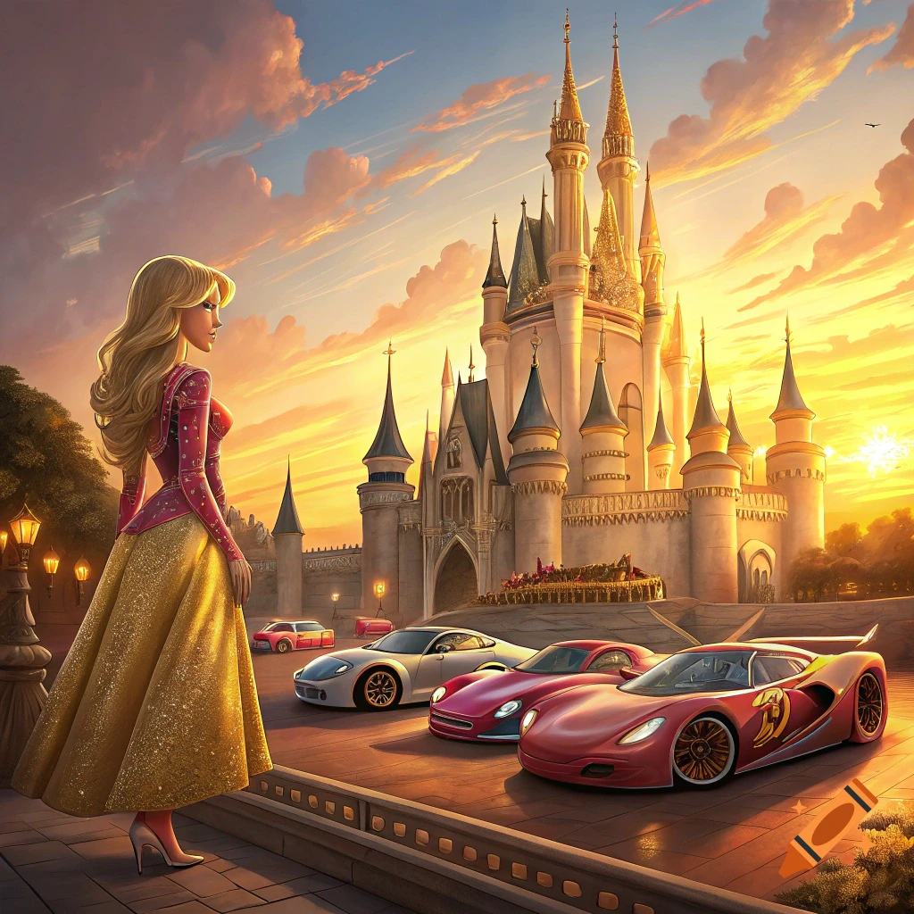 A woman in a dress looks at sports cars parked in front of a fantasy castle at sunset.
