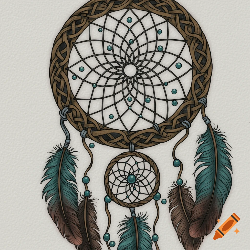 Illustration of a dream catcher with a celtic knot hoop, feathers, and beads