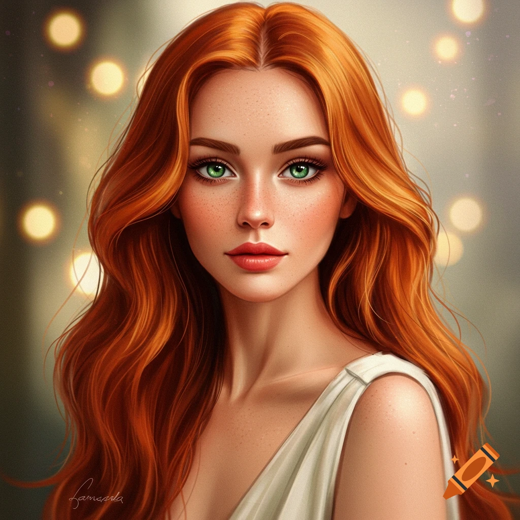A red-haired woman with green eyes and freckles.
