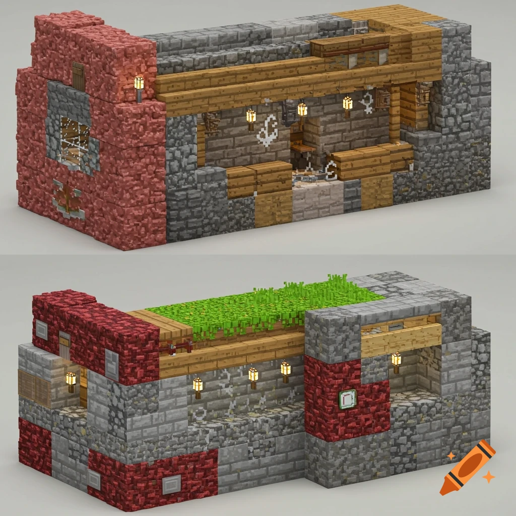 Two views of a Minecraft exterior wall design using stone, wood, and red blocks with decorations.