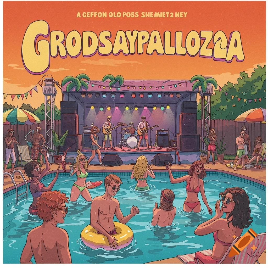 A backyard pool party concert with people in swimsuits watching a band on a stage.