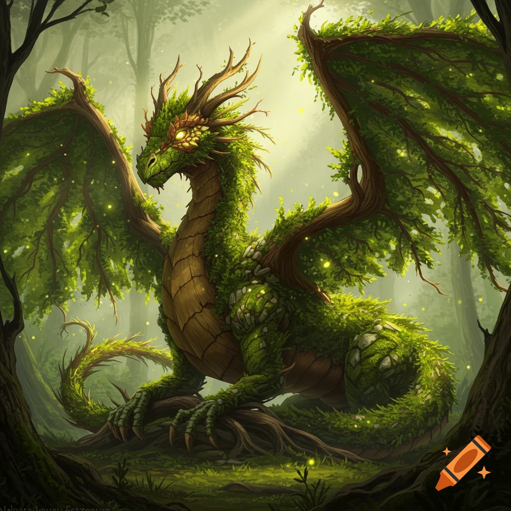 A majestic green dragon made of leaves and branches sits in a sunlit forest.