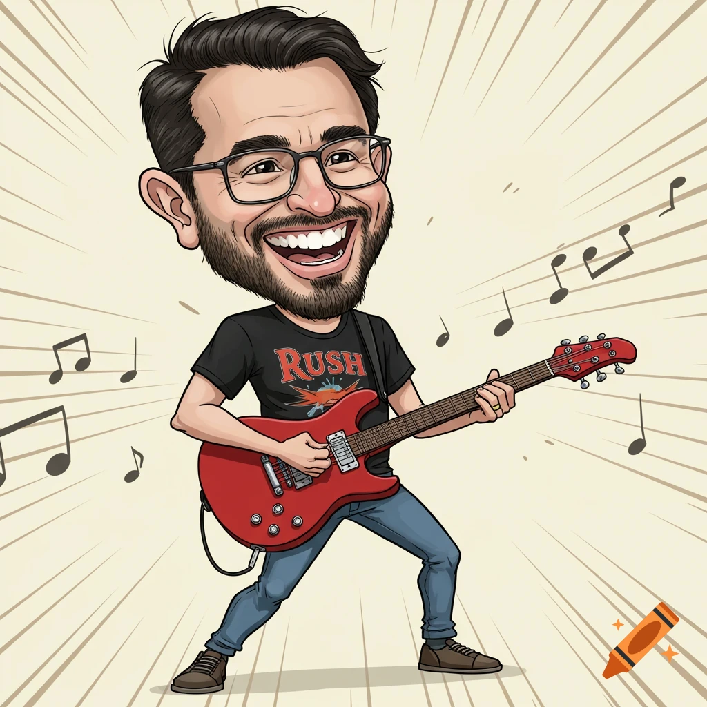 Cartoon caricature of a smiling man playing a red electric guitar, wearing a Rush t-shirt, with musical notes.