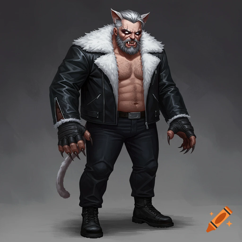 A muscular anthropomorphic cat man with claws, wearing a leather jacket and jeans.
