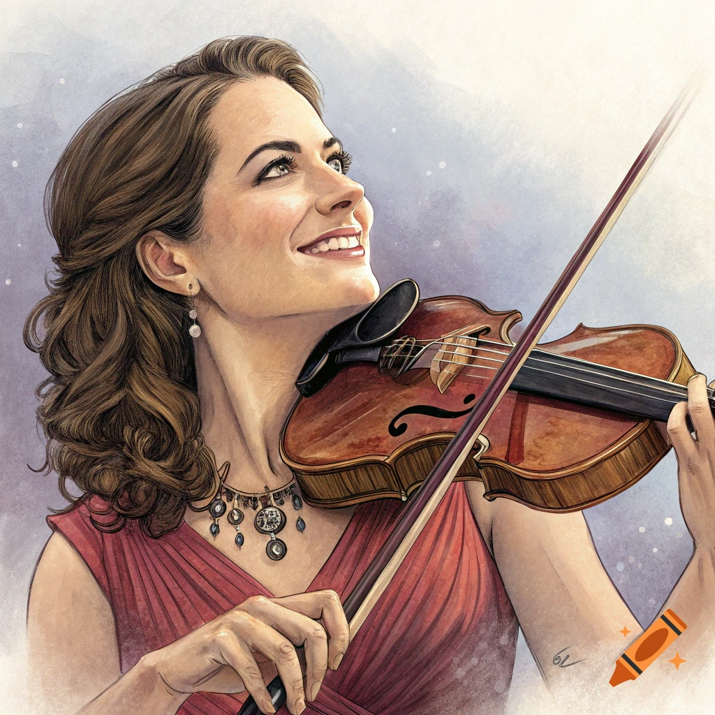 An illustration of a woman with brown hair playing the violin, looking up and smiling.