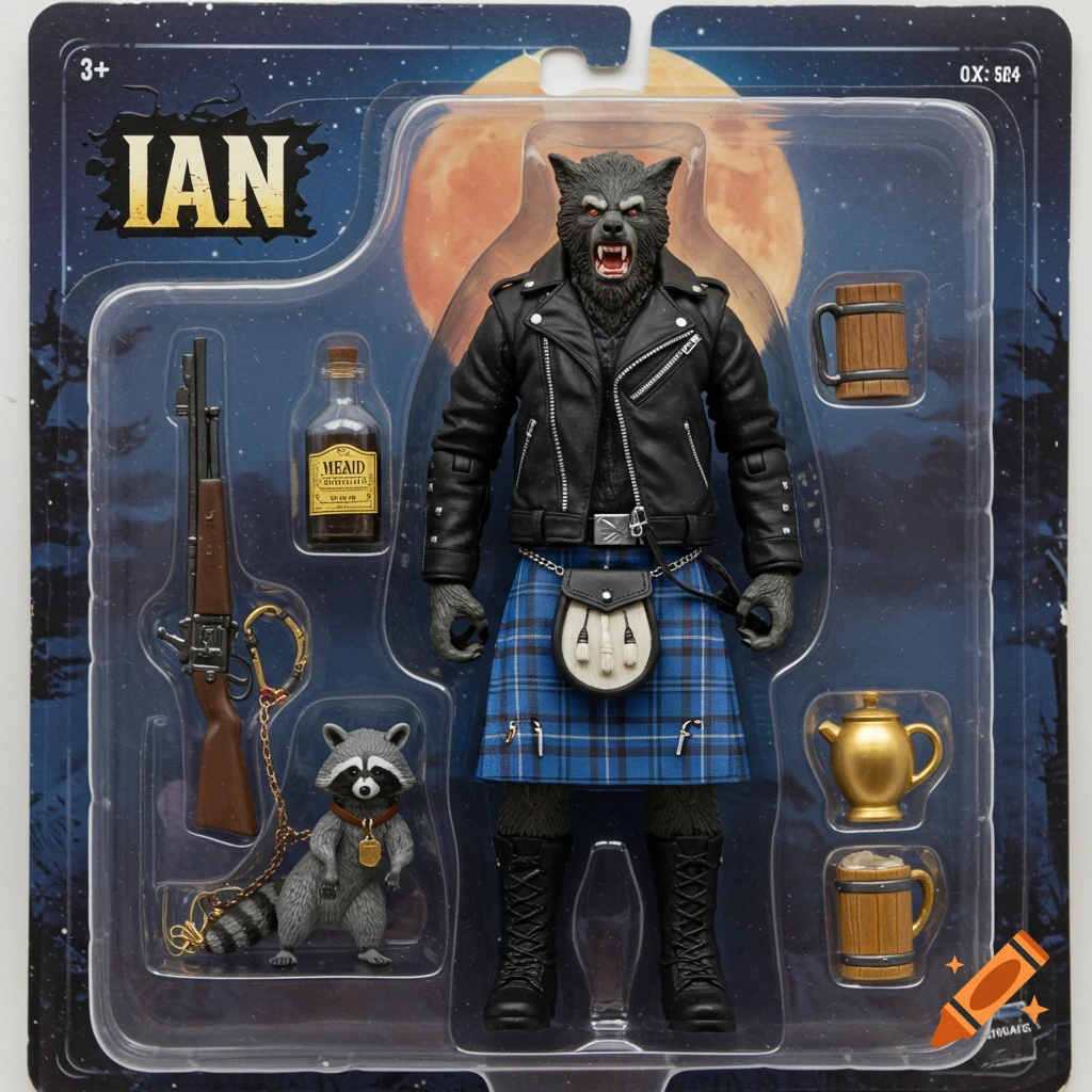 An action figure of a werewolf in a kilt and leather jacket in blister packaging with accessories like a raccoon, rifle, and bottle.