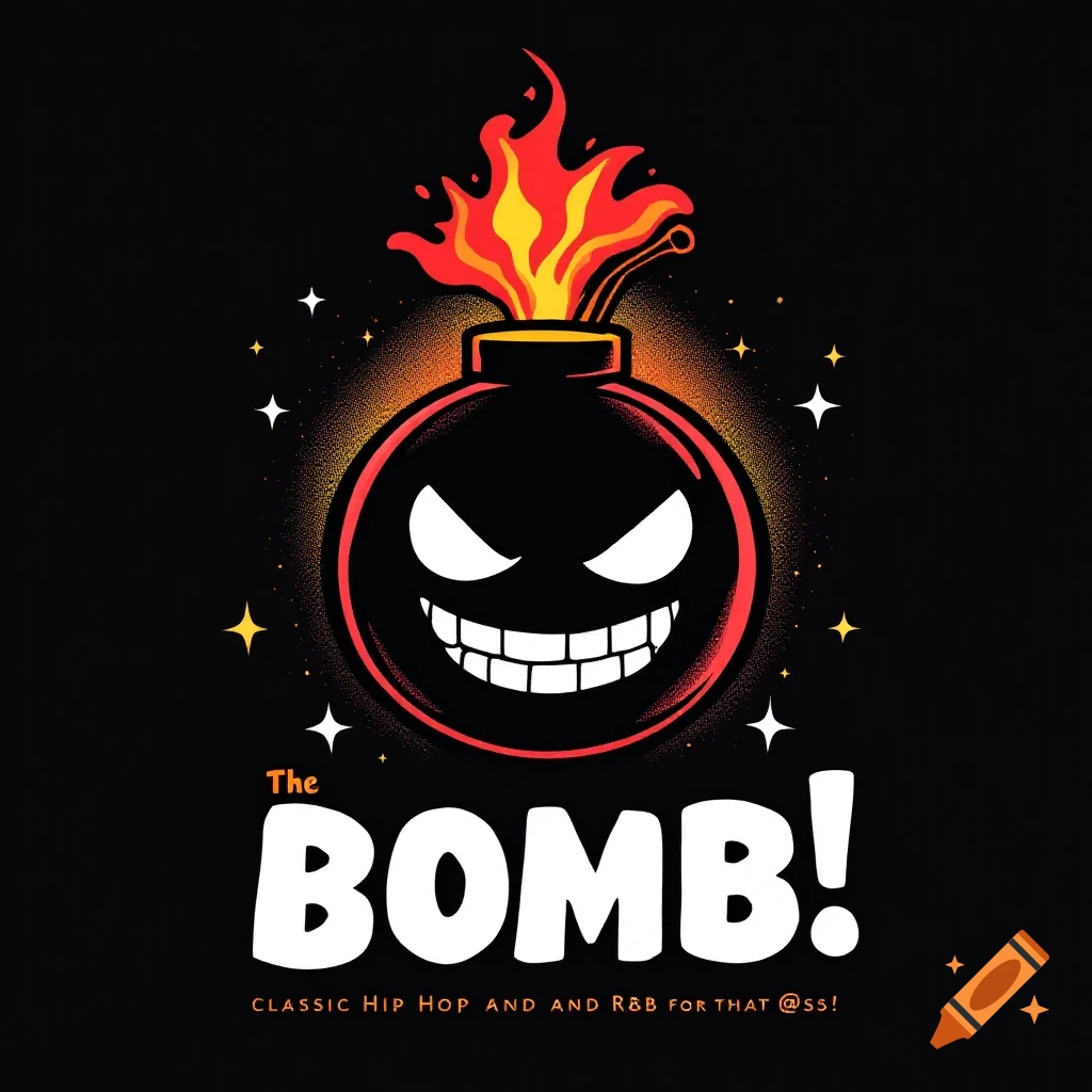 Cartoon bomb character with a grinning face, logo style, with text "The BOMB!" and music description.