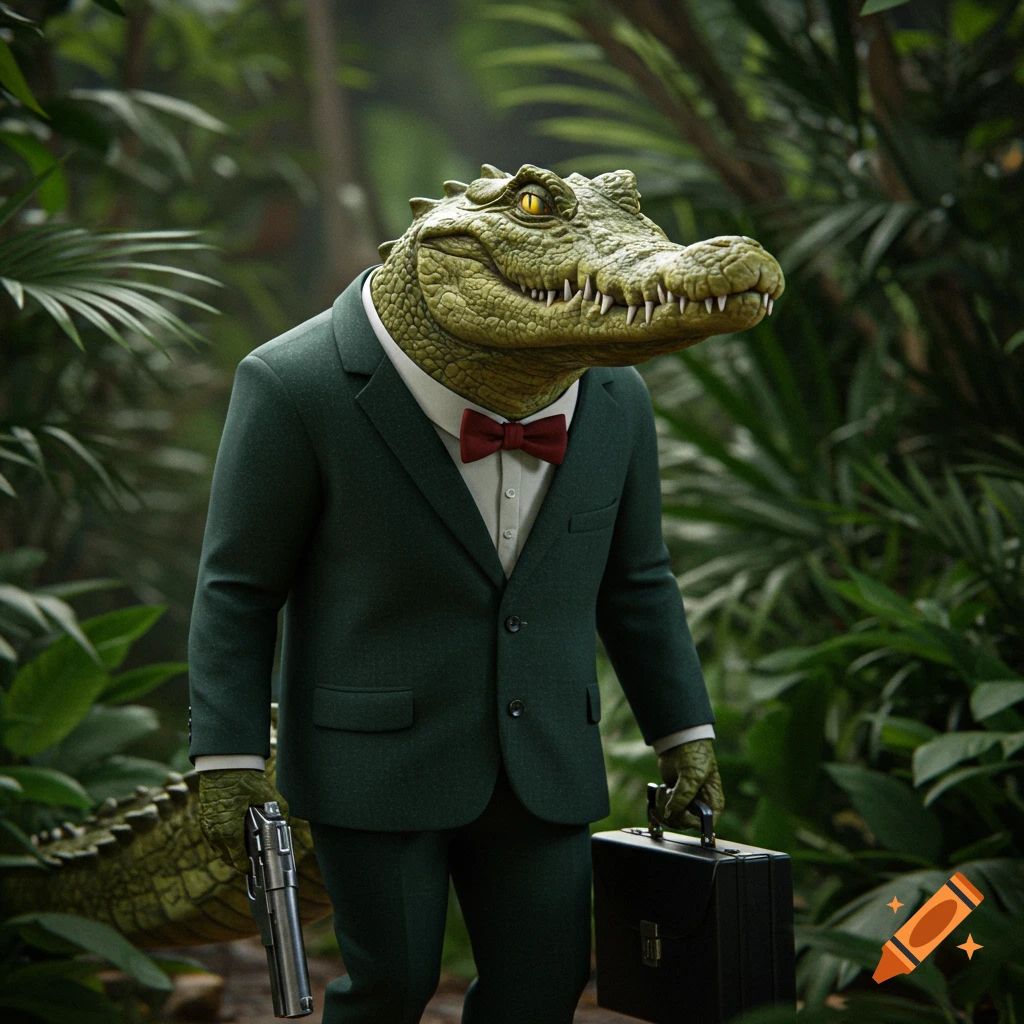 A crocodile in a suit stands in a jungle holding a gun and briefcase.