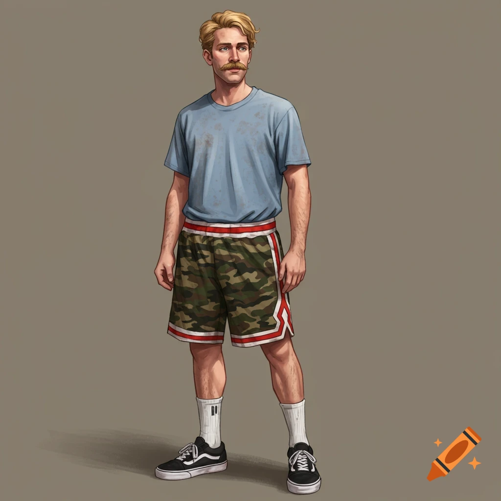 A man with a mustache wearing a blue t-shirt and camo basketball shorts.