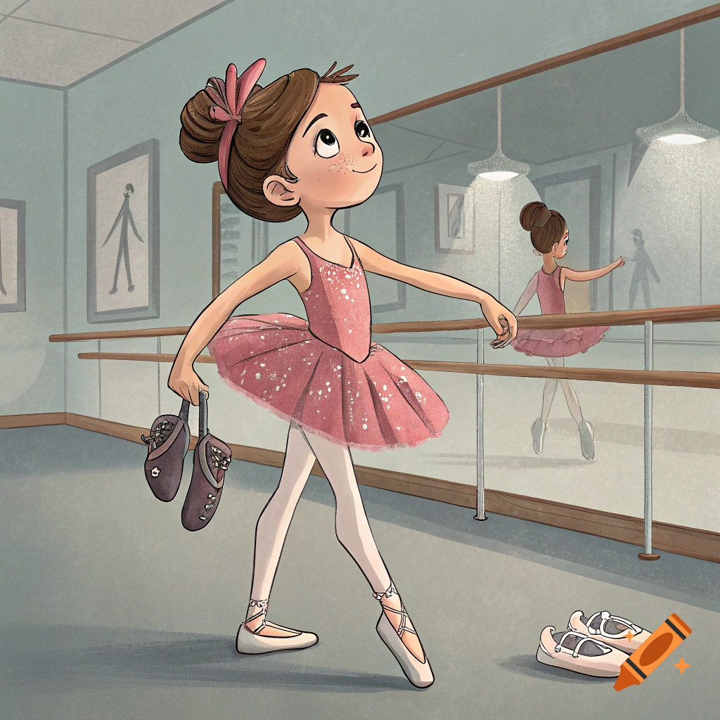 Illustration of a young girl in a pink ballet outfit holding pointe shoes in a studio with a mirror.