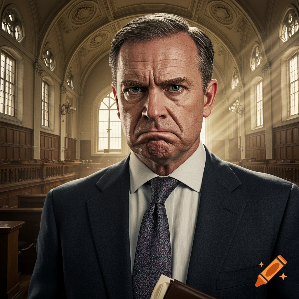 A scowling lawyer holding a book in a courtroom.