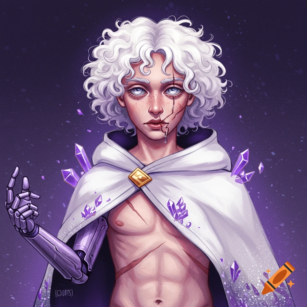 A gender-neutral character with white curly hair, pale eyes, facial and body scars, a prosthetic arm, and a white cloak with purple crystals.