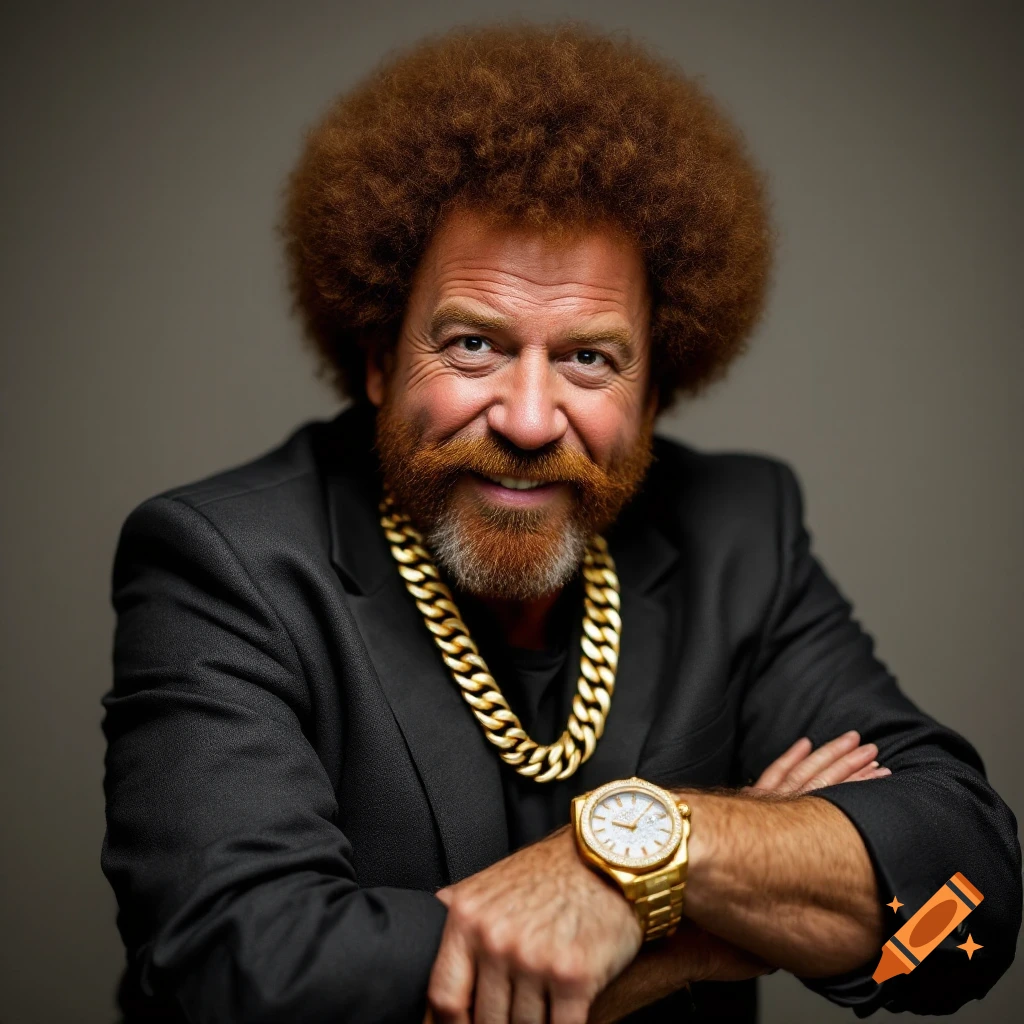 Realistic portrait of a smiling man with a large afro and beard wearing a suit, gold chain, and gold watch.