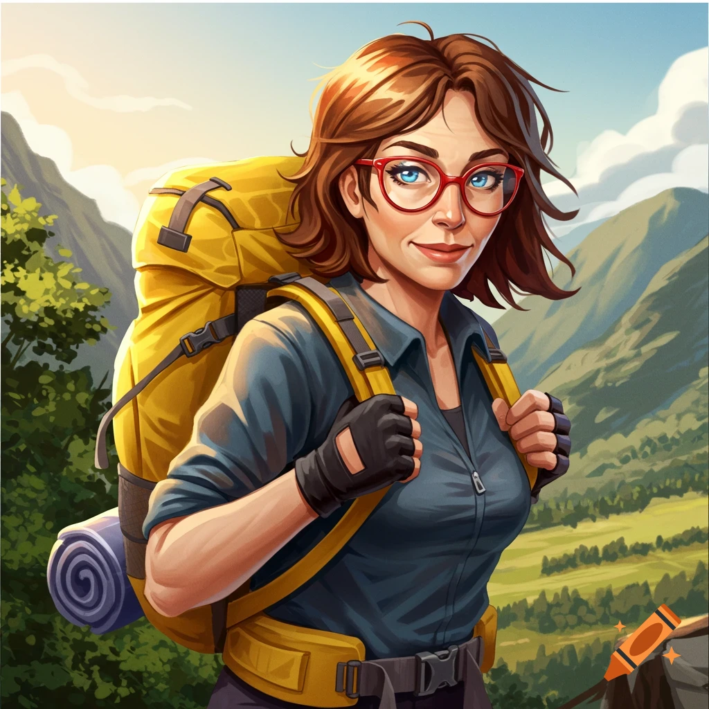 A female hiker with a yellow backpack and red glasses in the mountains.