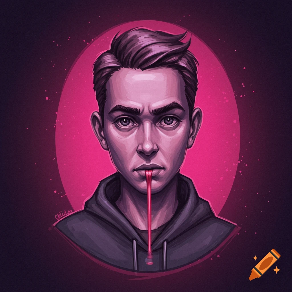 A stylized image of a young person with dark pink hair and a bright red substance dripping from their mouth, against a pink circle and dark background.