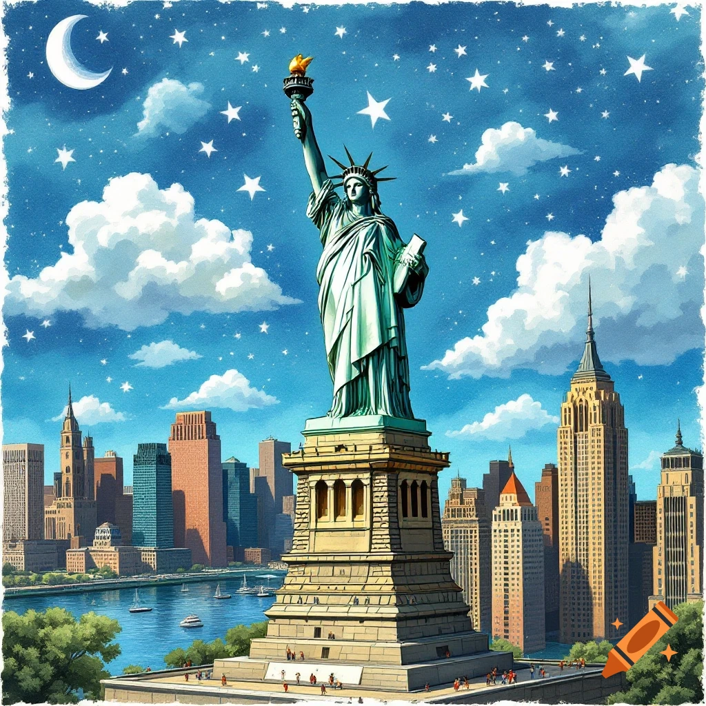 Illustration of the Statue of Liberty in New York City against a sky with moon and stars.