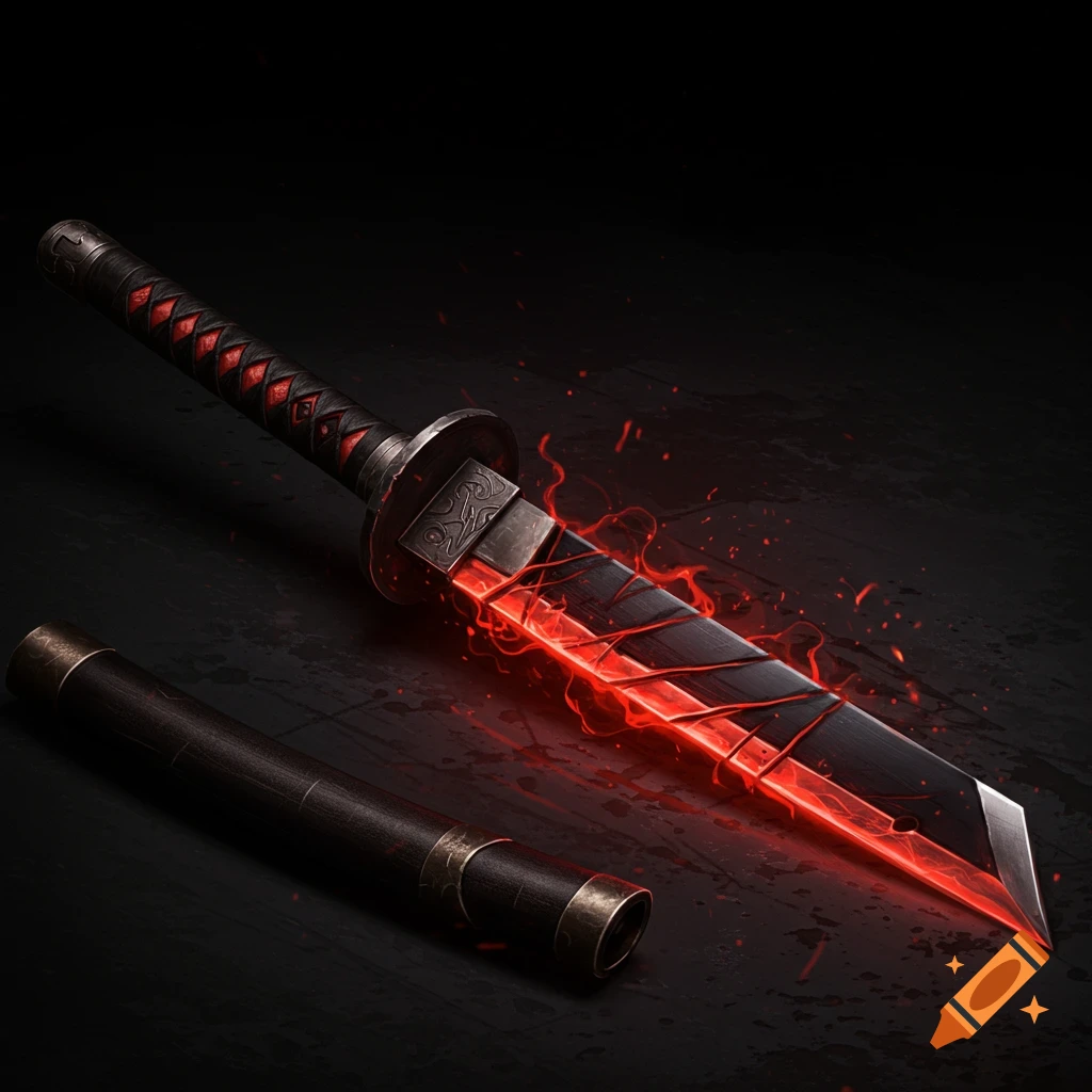 A dark steel katana with red energy pulsing from cracks, resting on a dark surface.