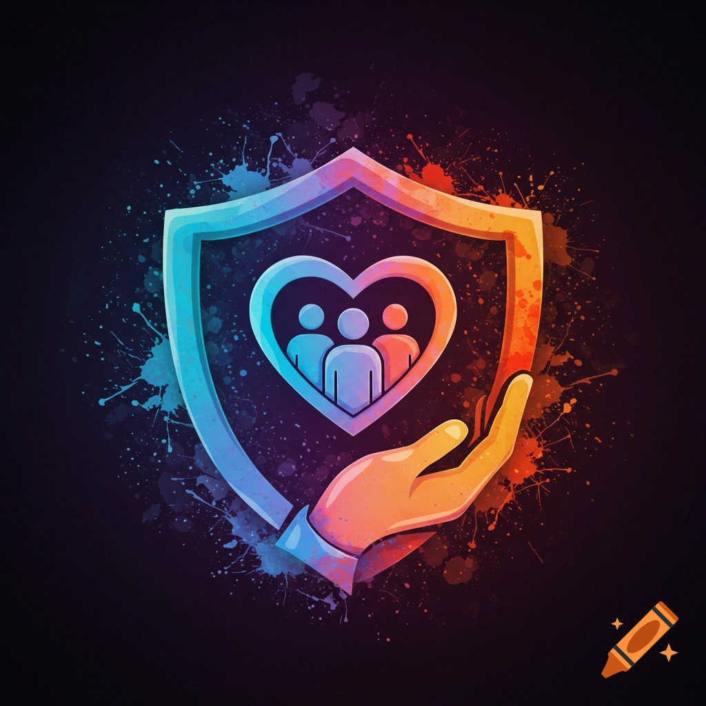 Colorful shield with heart and figures, held by a hand, with paint splatters