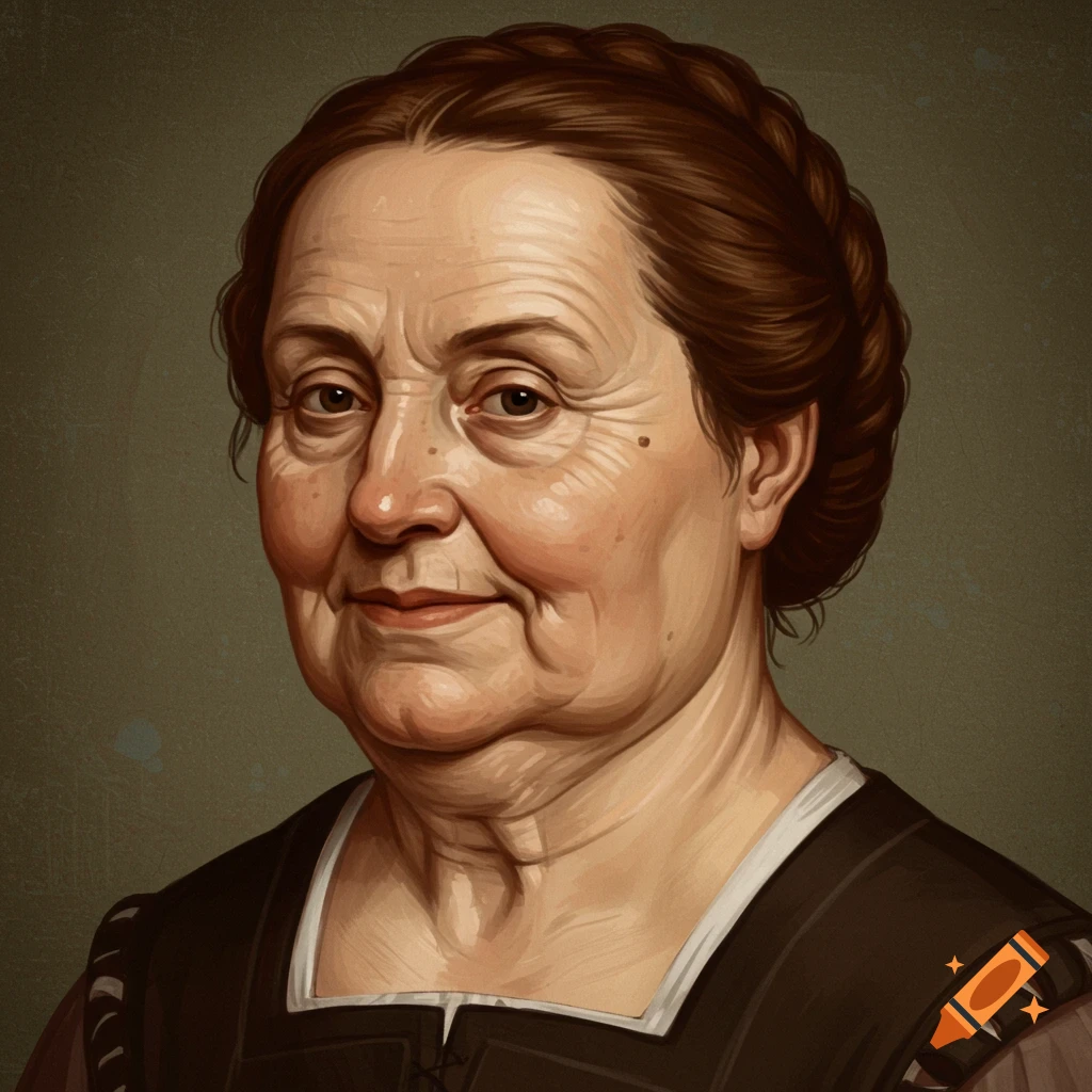 An old woman with a large forehead and double chin