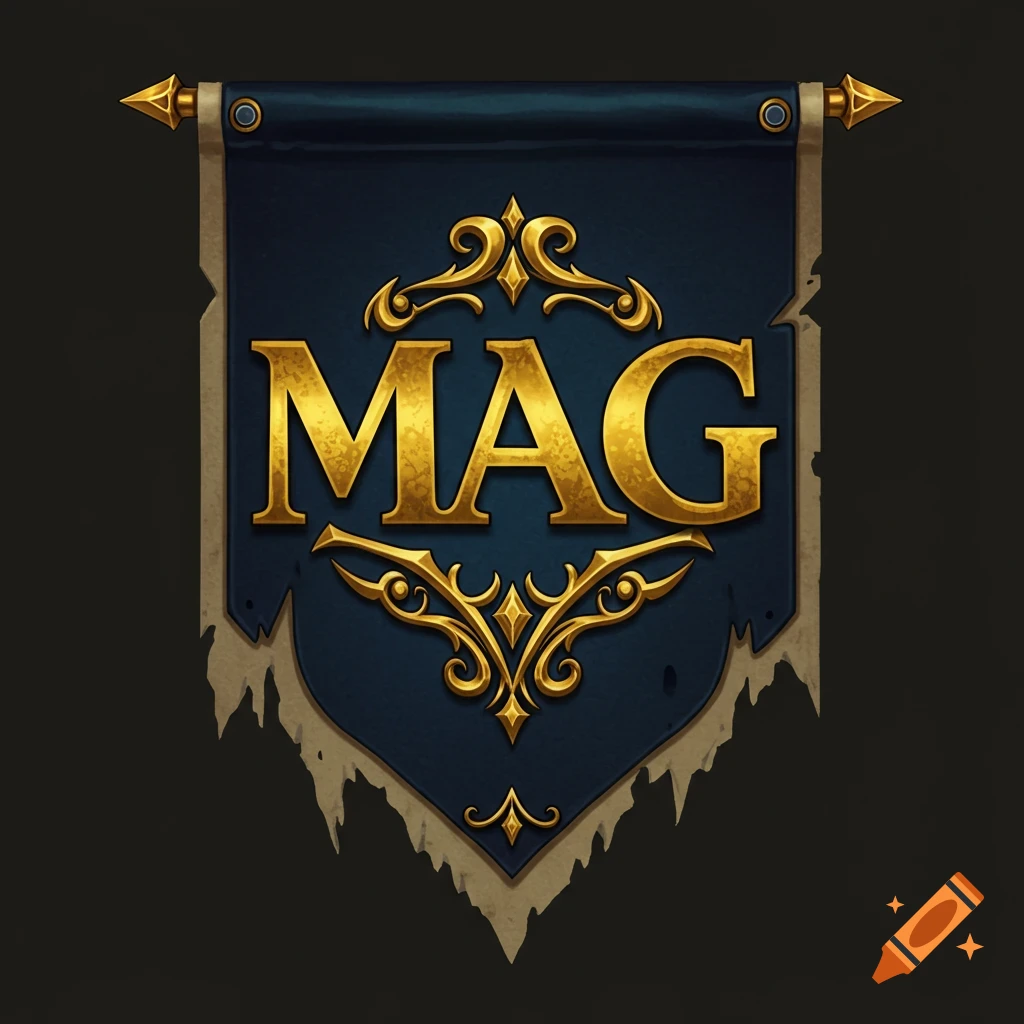 A blue and gold fantasy banner with the letters MAG.