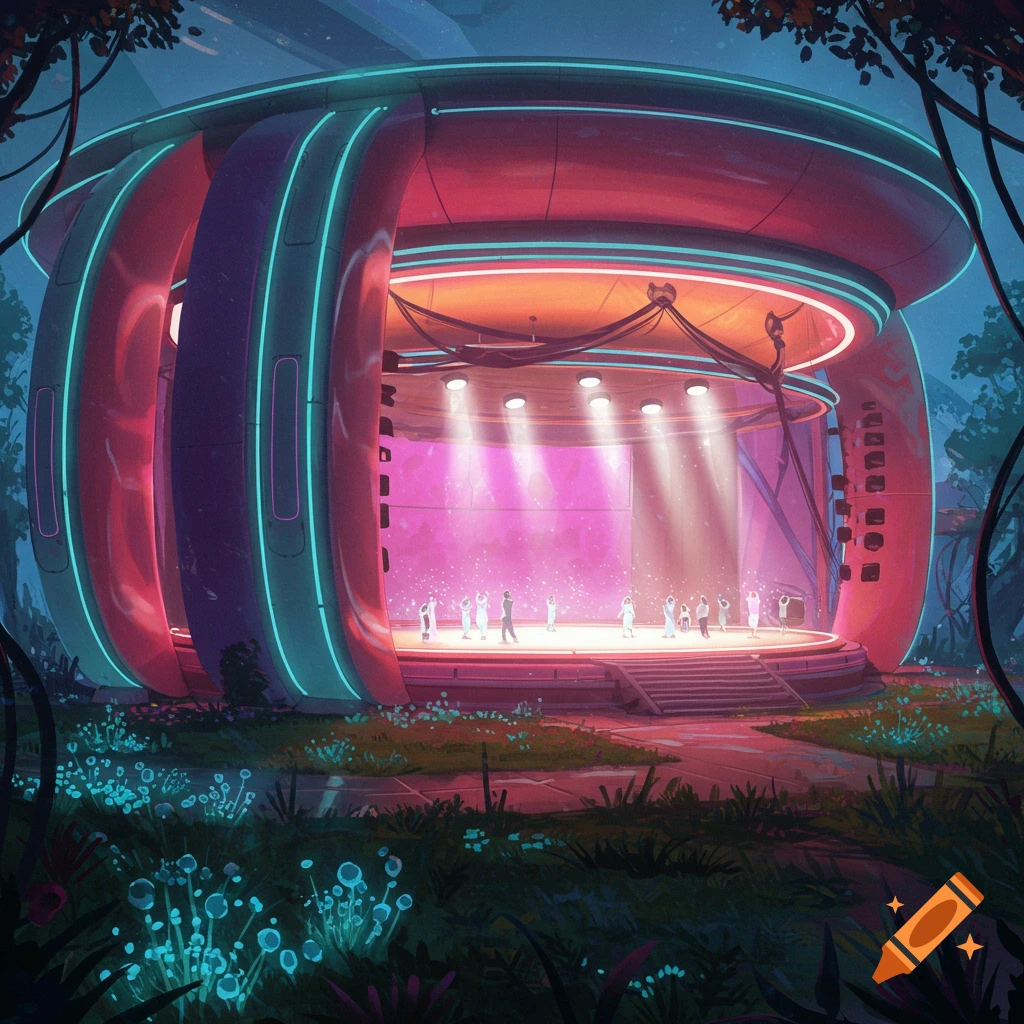 A round, futuristic amphitheater in a forest at night, lit by spotlights and neon lights, with figures on stage.