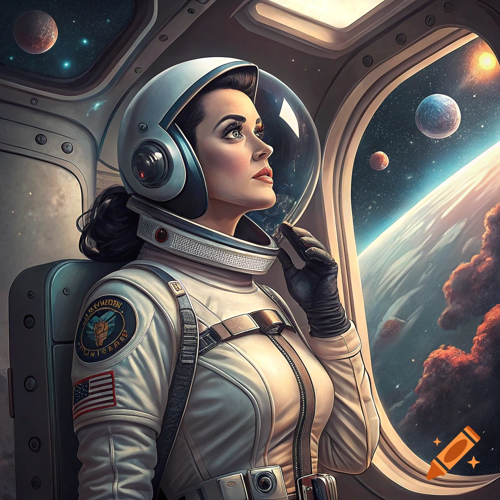 Woman astronaut in a white suit looking out a spaceship window at planets and space.