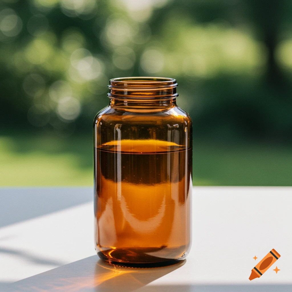 Amber glass bottle filled with liquid on a white surface with blurred green background.