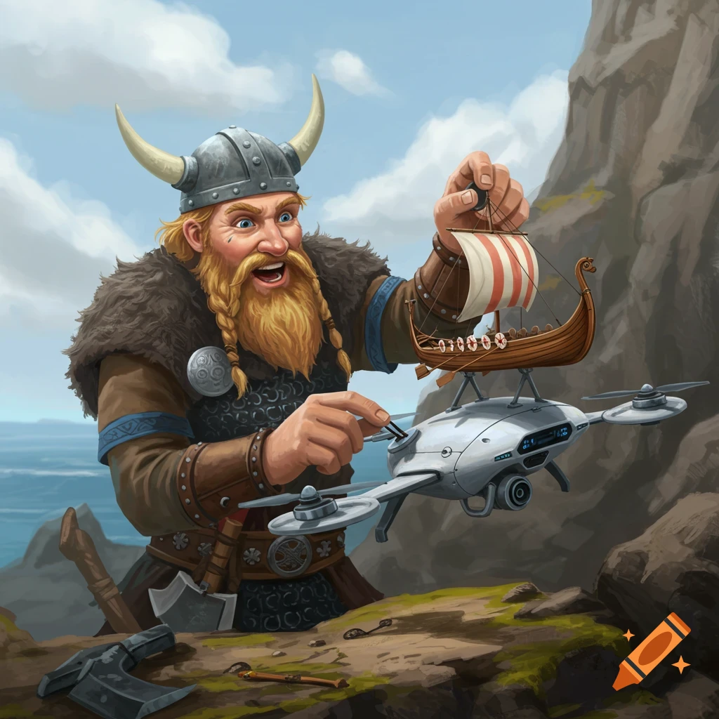 A Viking holding a drone with a model longboat on top, standing on a rocky shore.