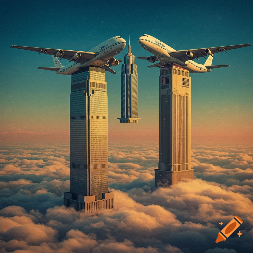 Airplanes perched atop skyscrapers among clouds, with a third skyscraper floating between them against a colorful sky.