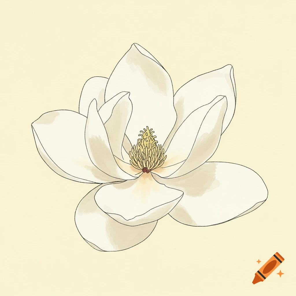 A simple line drawing of a white magnolia flower on a light background.