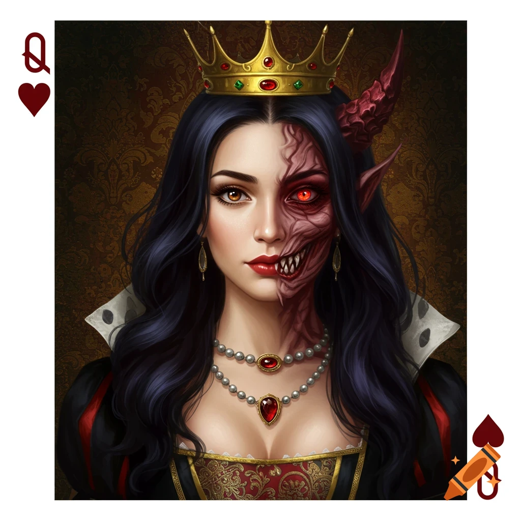 A portrait of a woman, half human and half demon, wearing a crown and elaborate dress, styled as the Queen of Hearts playing card.