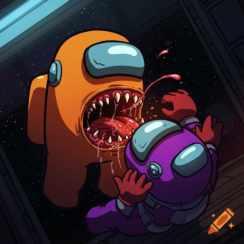 Cartoonish illustration of an orange Among Us character eating a purple one with a large, sharp-toothed mouth in space.
