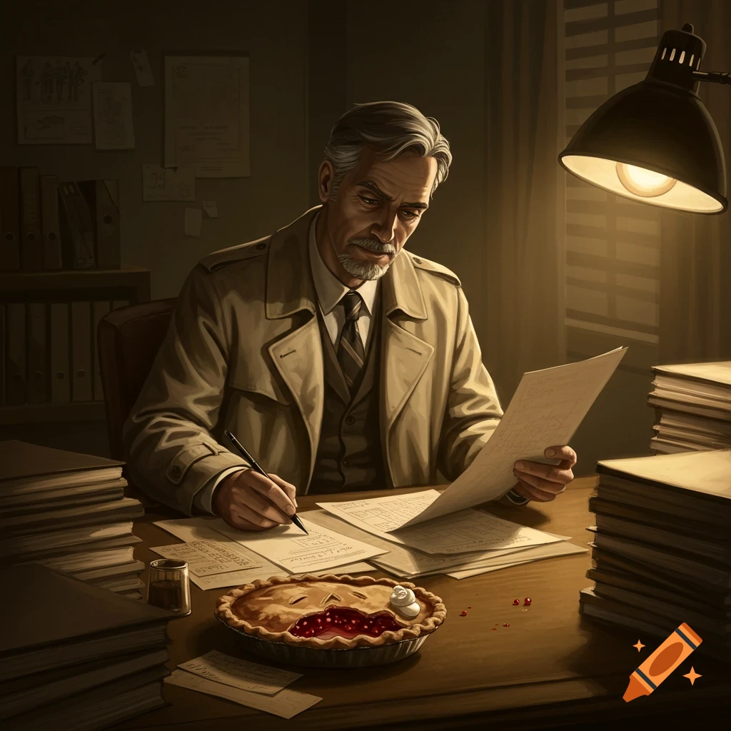 A private investigator looking at files on his desk with a pie in front of him.