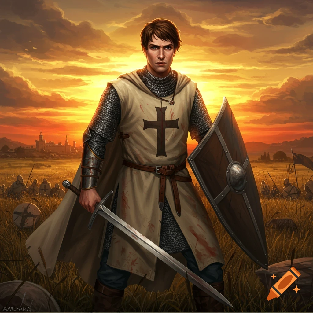 A knight in armor holding a sword and shield on a battlefield at sunset.