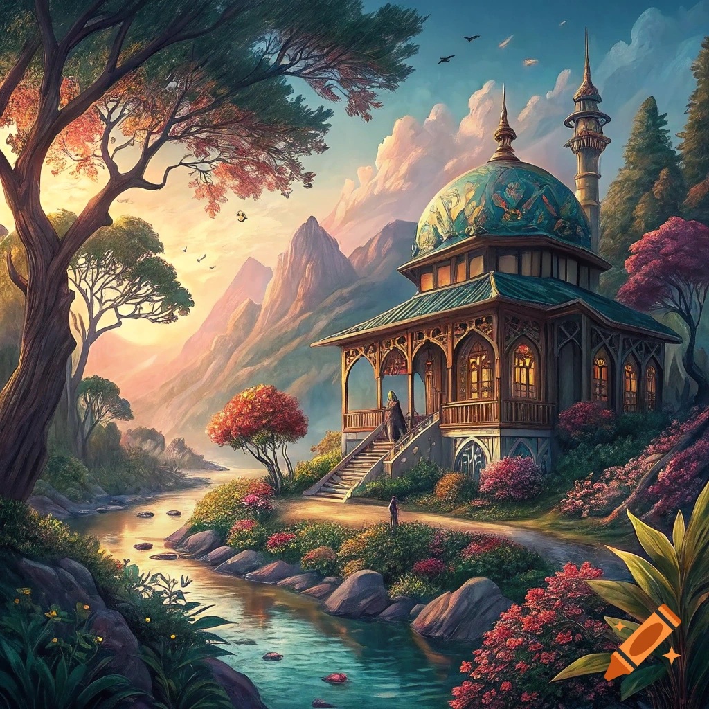 A fantasy landscape painting featuring a building resembling a mosque with a domed roof, nestled on a hill overlooking a river with mountains in the background.