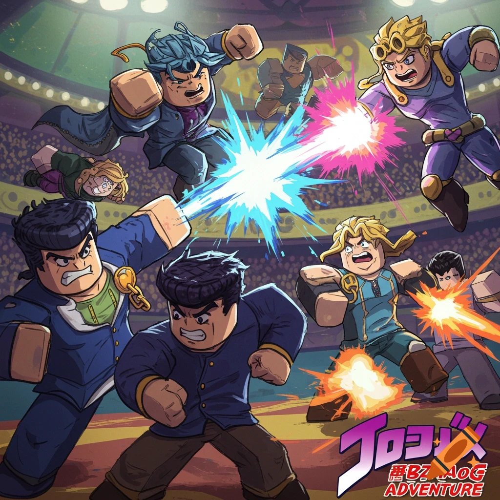 Blocky, stylized characters inspired by JoJo's Bizarre Adventure fight in an arena, resembling Roblox.