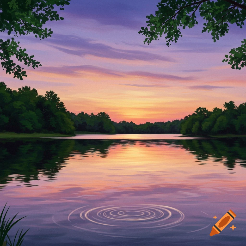 A lake at sunset with reflections and ripples, framed by trees.