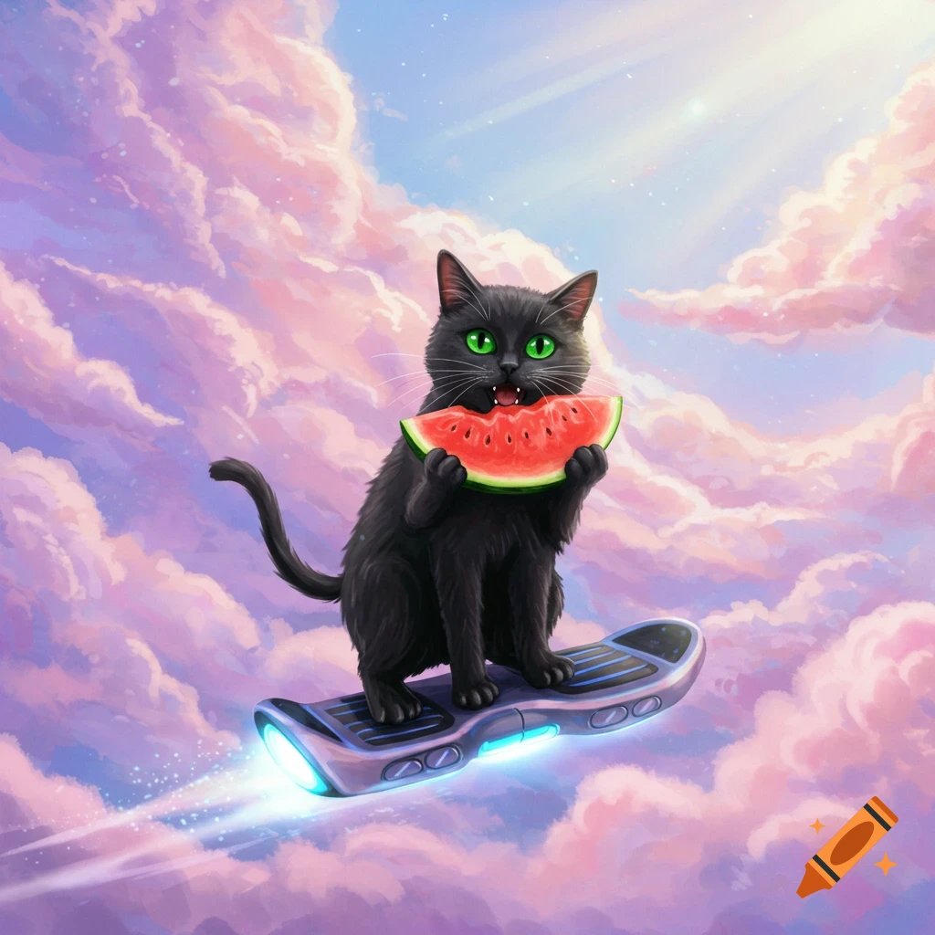 A black cat eats watermelon while riding a hoverboard in a cloudy sky.