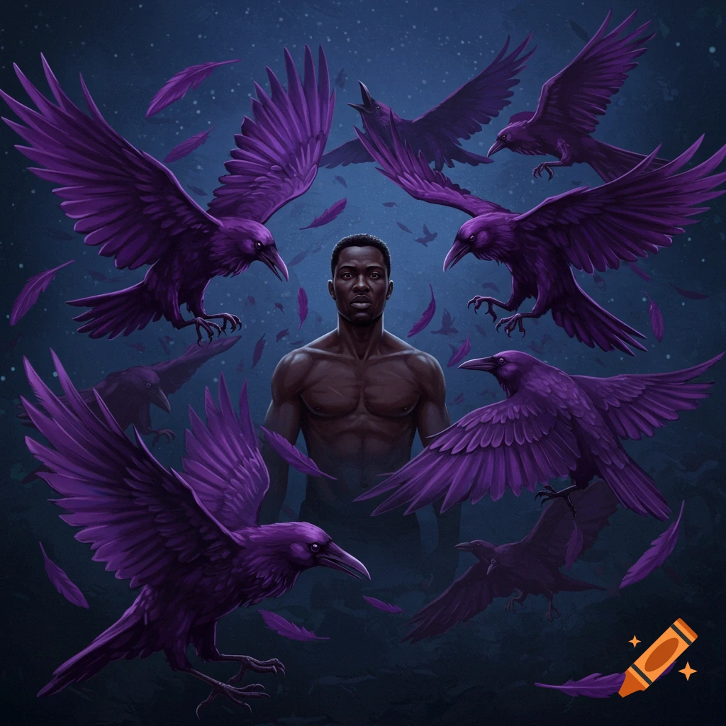 A Black man surrounded by flying purple ravens.