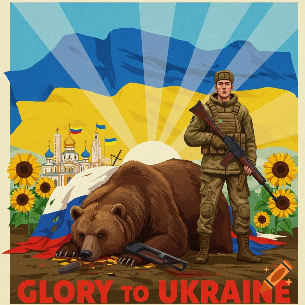 Propaganda poster of a Ukrainian soldier standing over a defeated bear with a Russian flag, sunflowers, mountains, church, and text "Glory to Ukraine".