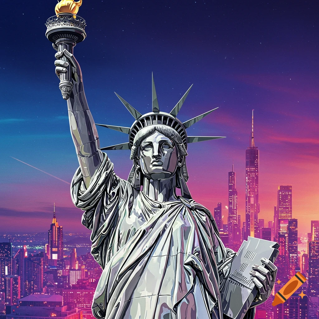 The Statue of Liberty in chrome against a city skyline at sunset