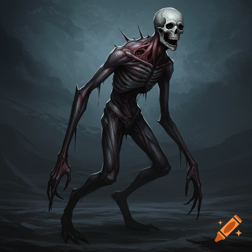 A skeletal creature with exposed muscle and spikes stands in a desolate landscape.