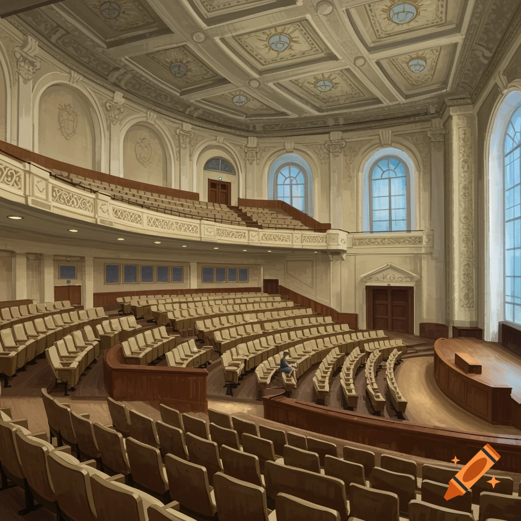 A large auditorium with tiered seating, a stage, and large windows.