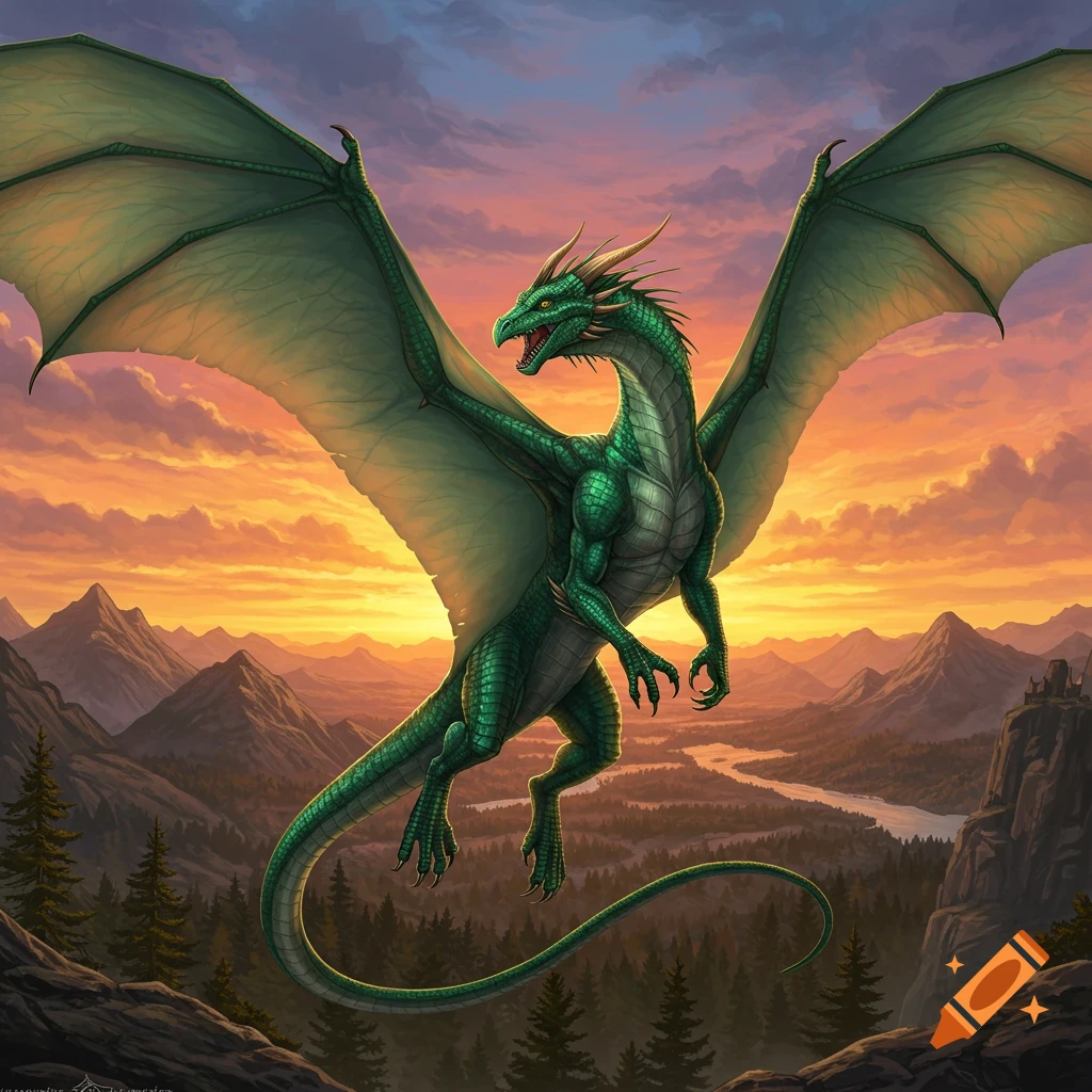 A green dragon flies over a forest and mountains at sunset